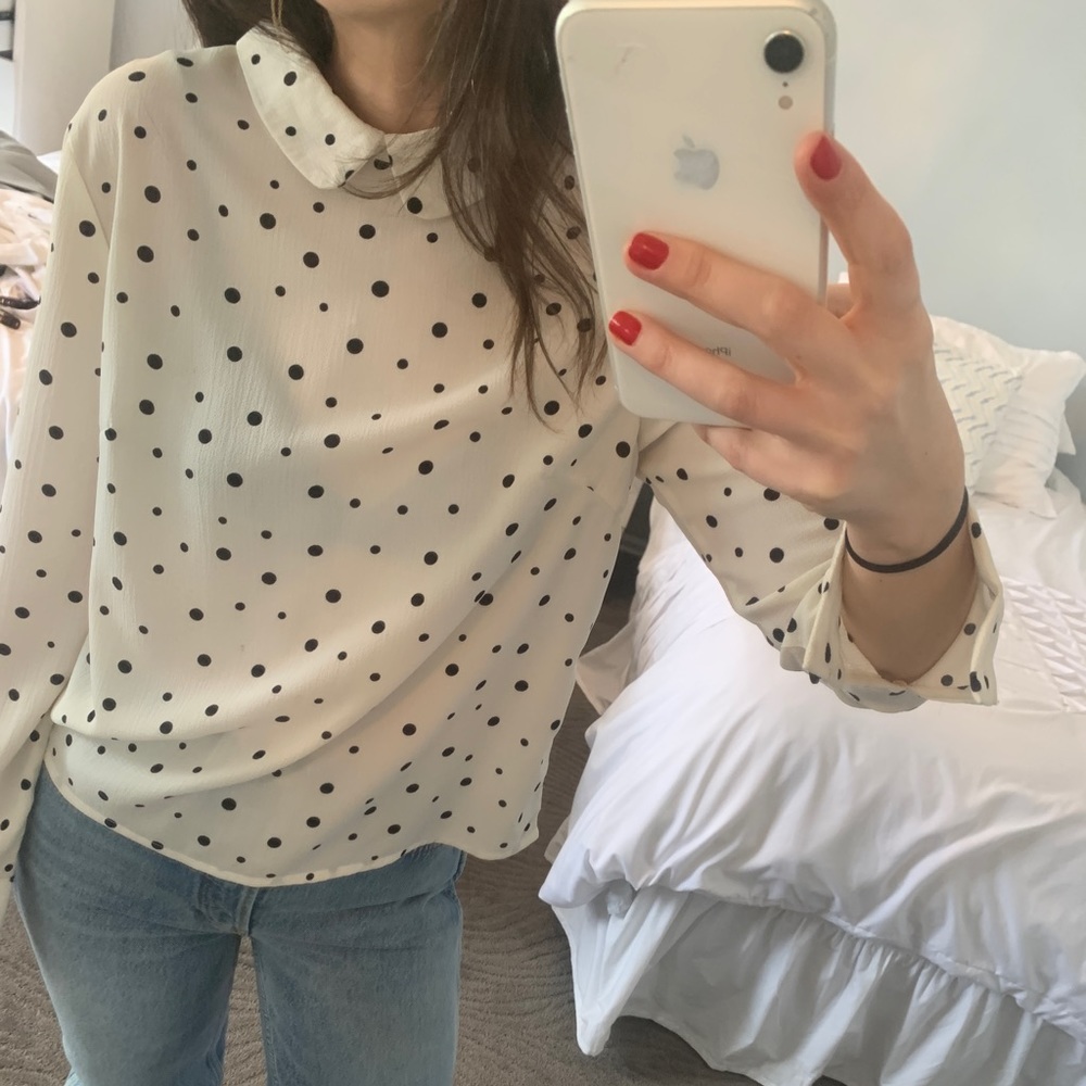 White and Black Polka Dot Collared Blouse